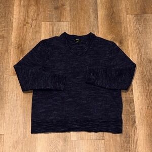 Express Navy Blue Marled 100% Extra Fine Merino Wool V-Neck Sweater Mens Large